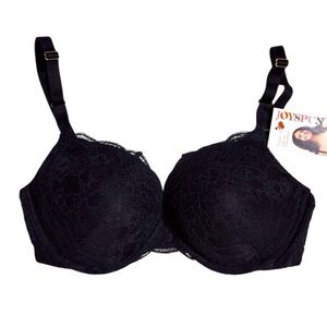 Push up medium lift plunge neckline black lace 36D underwire new with tags